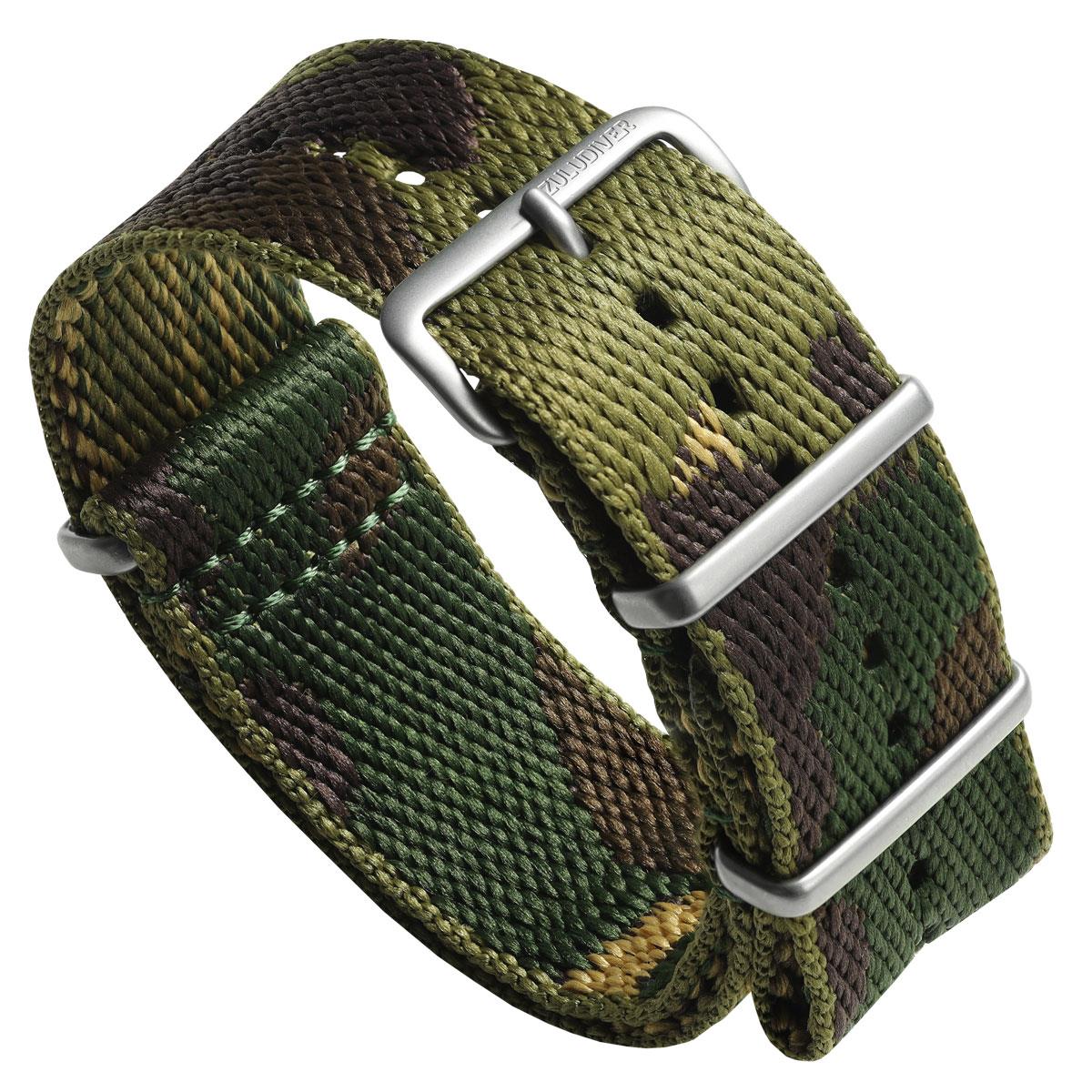 Woven camouflage NATO watch strap with stainless steel satin metal fittings