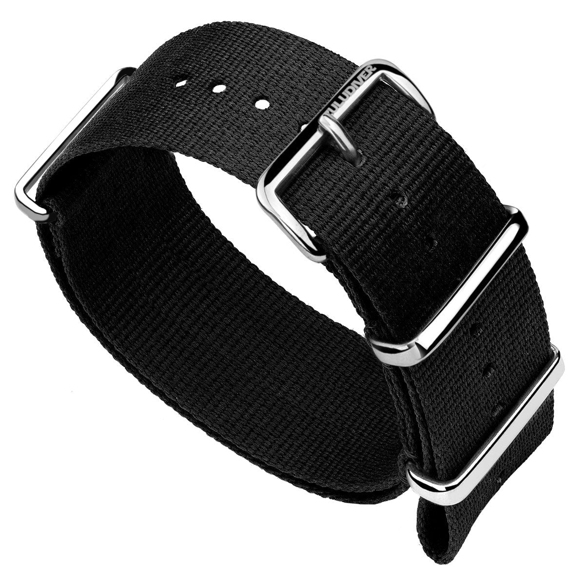 Nylon NATO watch strap, colour black, with stainless steel polished hardware