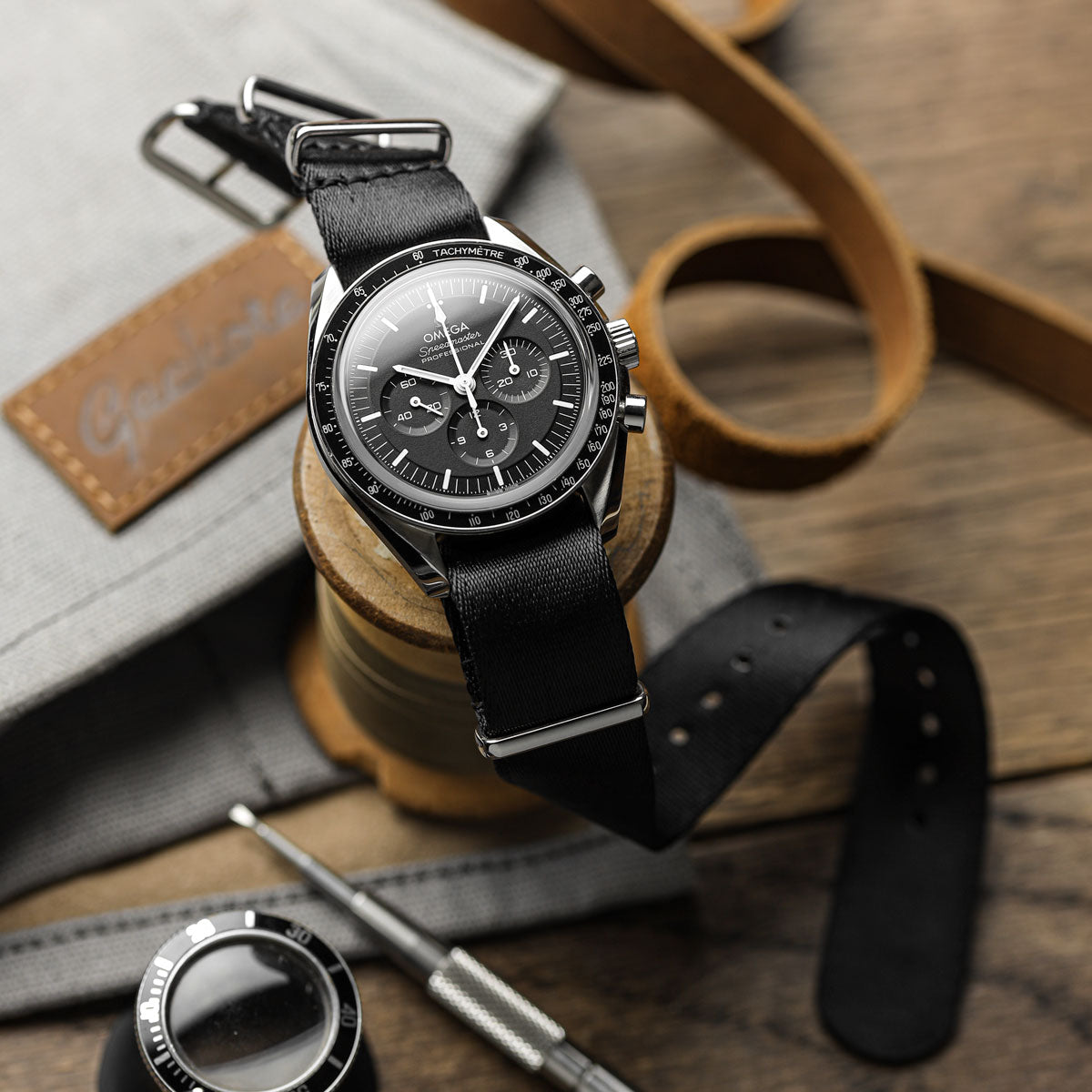 Omega style NATO Watch Straps, nylon seat belt, black colours, white background image