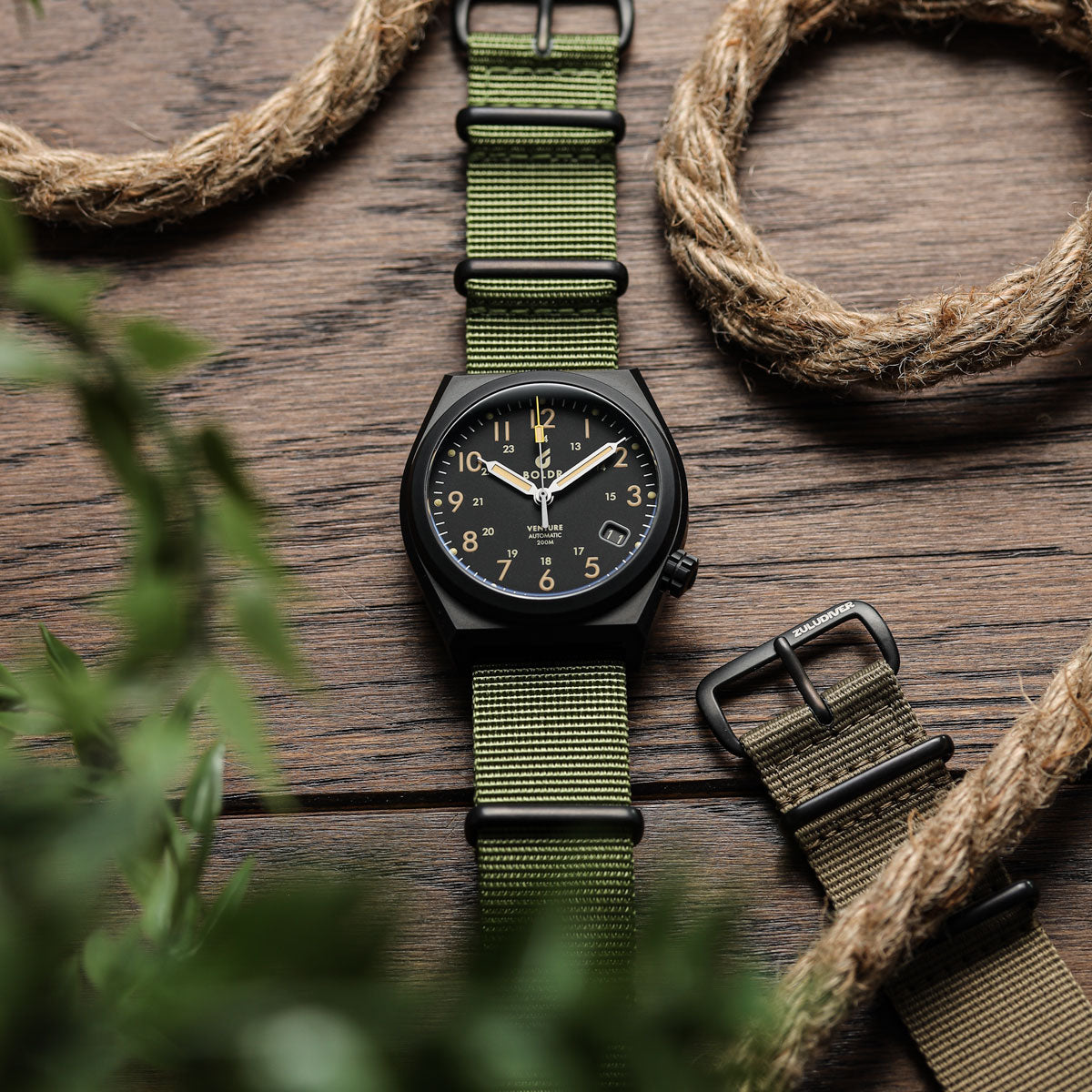 Military nylon NATO watch strap, colour army green, with IP Black finish hardware