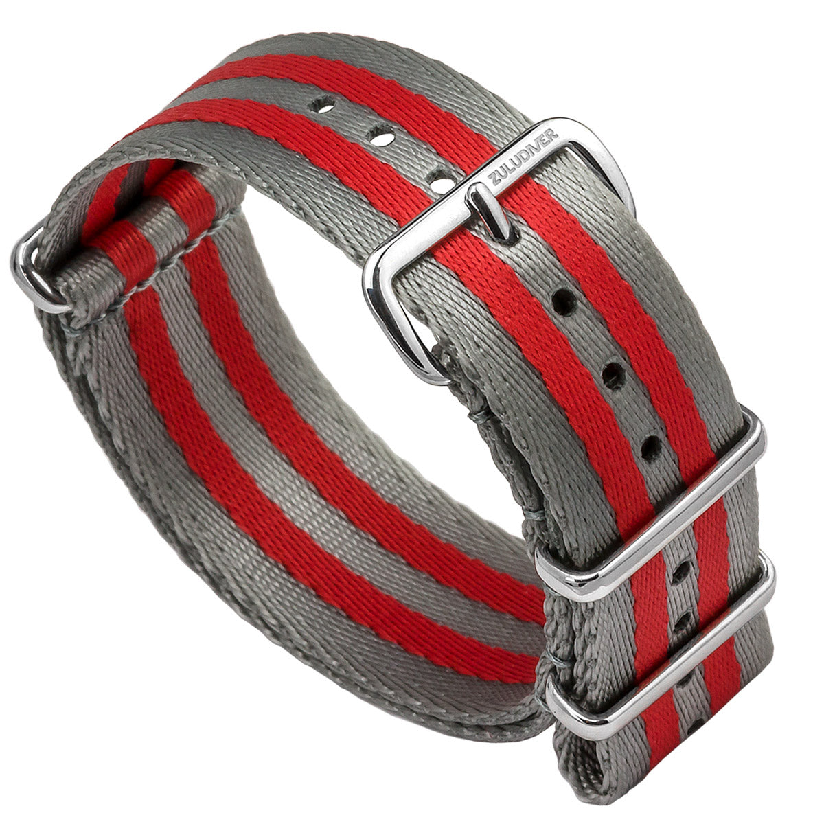 Omega style NATO Watch Straps, grey and red stripe colours, white background image