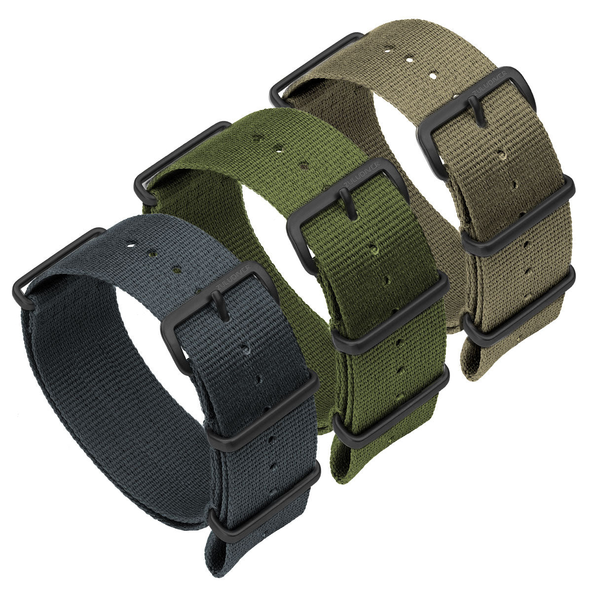 Military nylon NATO watch strap, colour grey, green, desert sand, with IP Black finish hardware