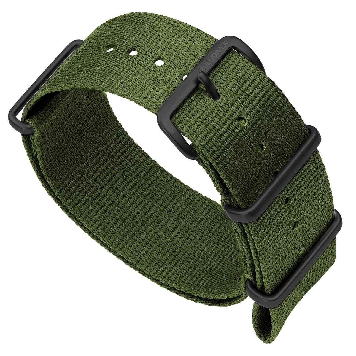 Military nylon NATO watch strap, colour army green, with IP Black finish hardware