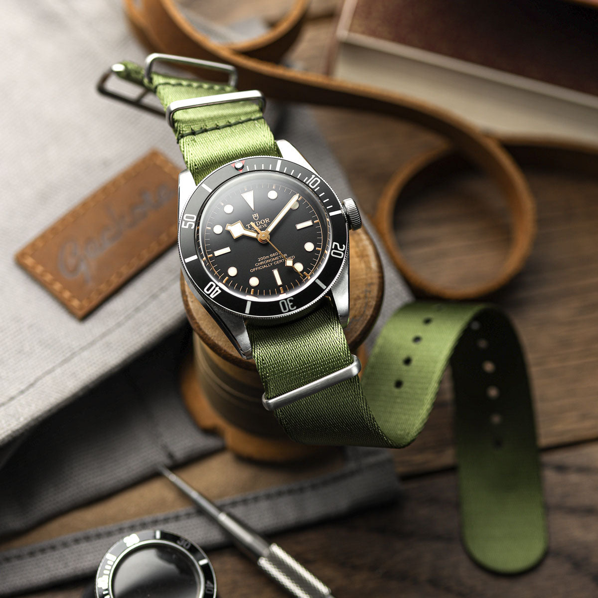 1973 British Military Watch Strap: ARMOURED - Army Green, Polished