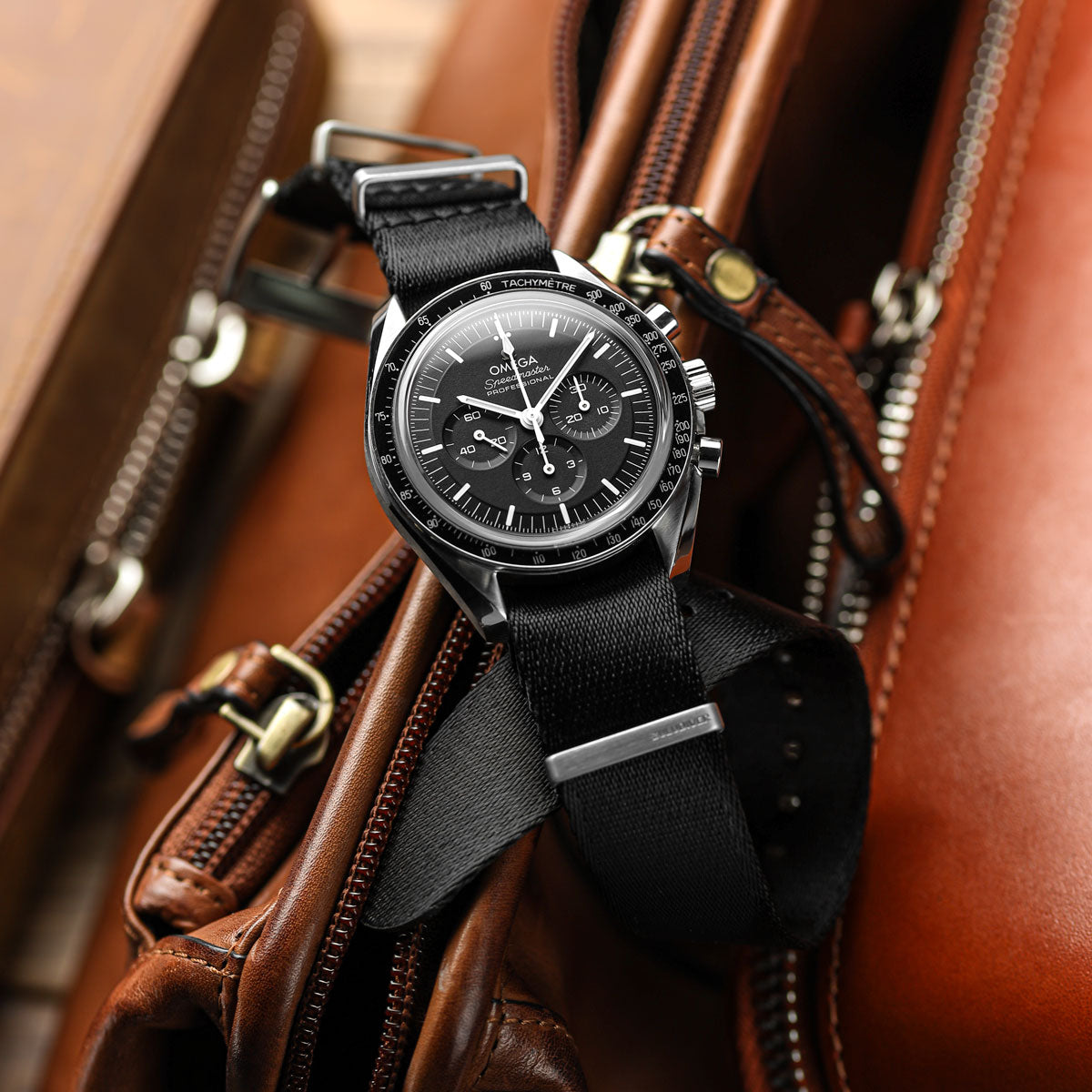 Premium Black nylon NATO watch straps, seat belt nylon material, white background image
