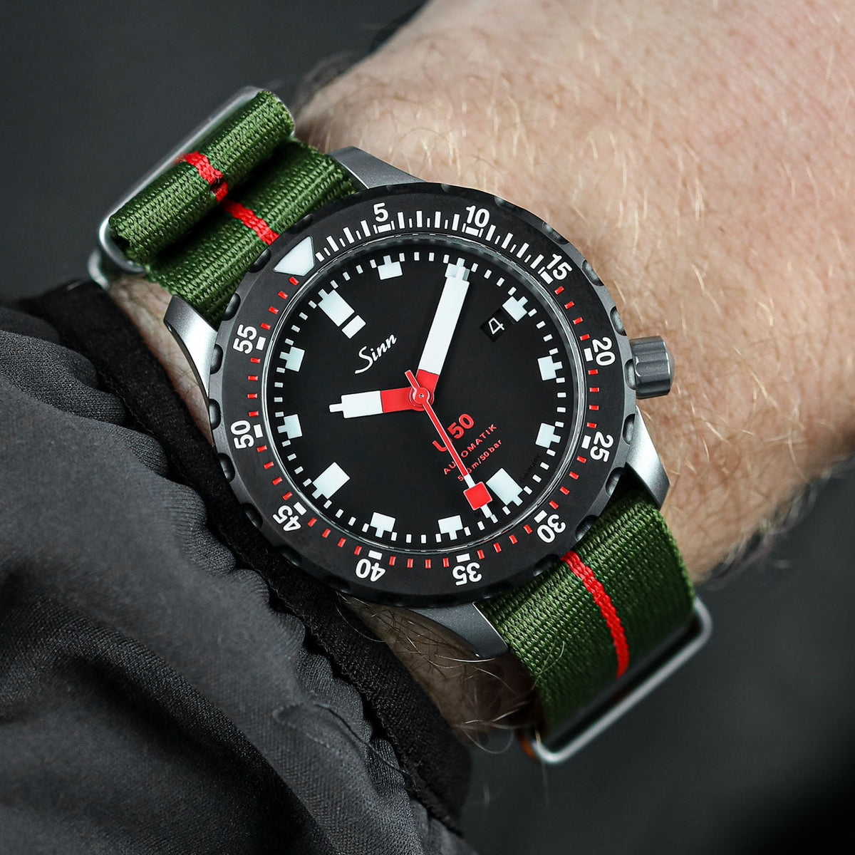 Marine National NATO Watch Strap, green with red stripe, fitted to a Sinn Watch