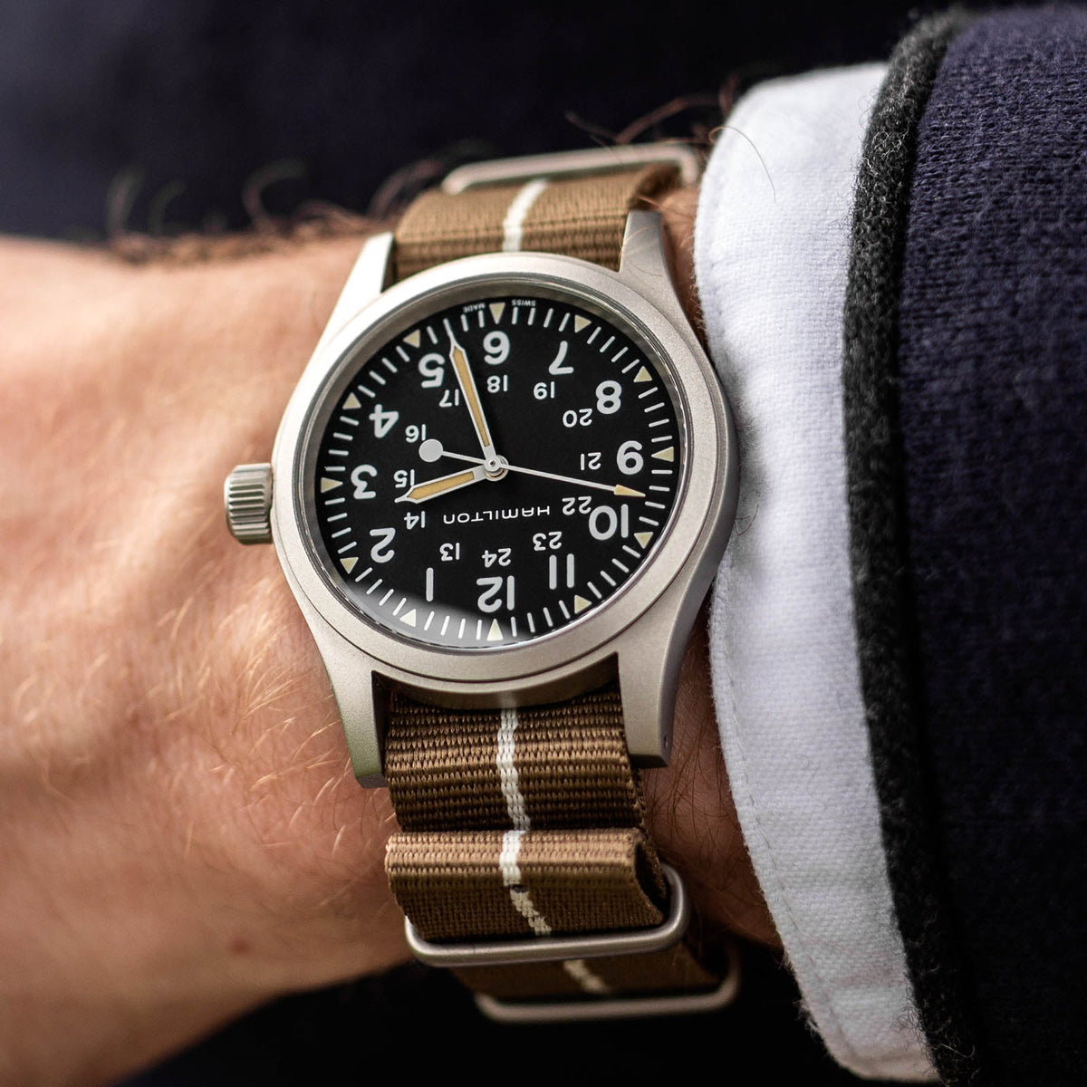 Marine National NATO Watch Straps, desert sand with beige stripe, fitted to a Hamilton Watch