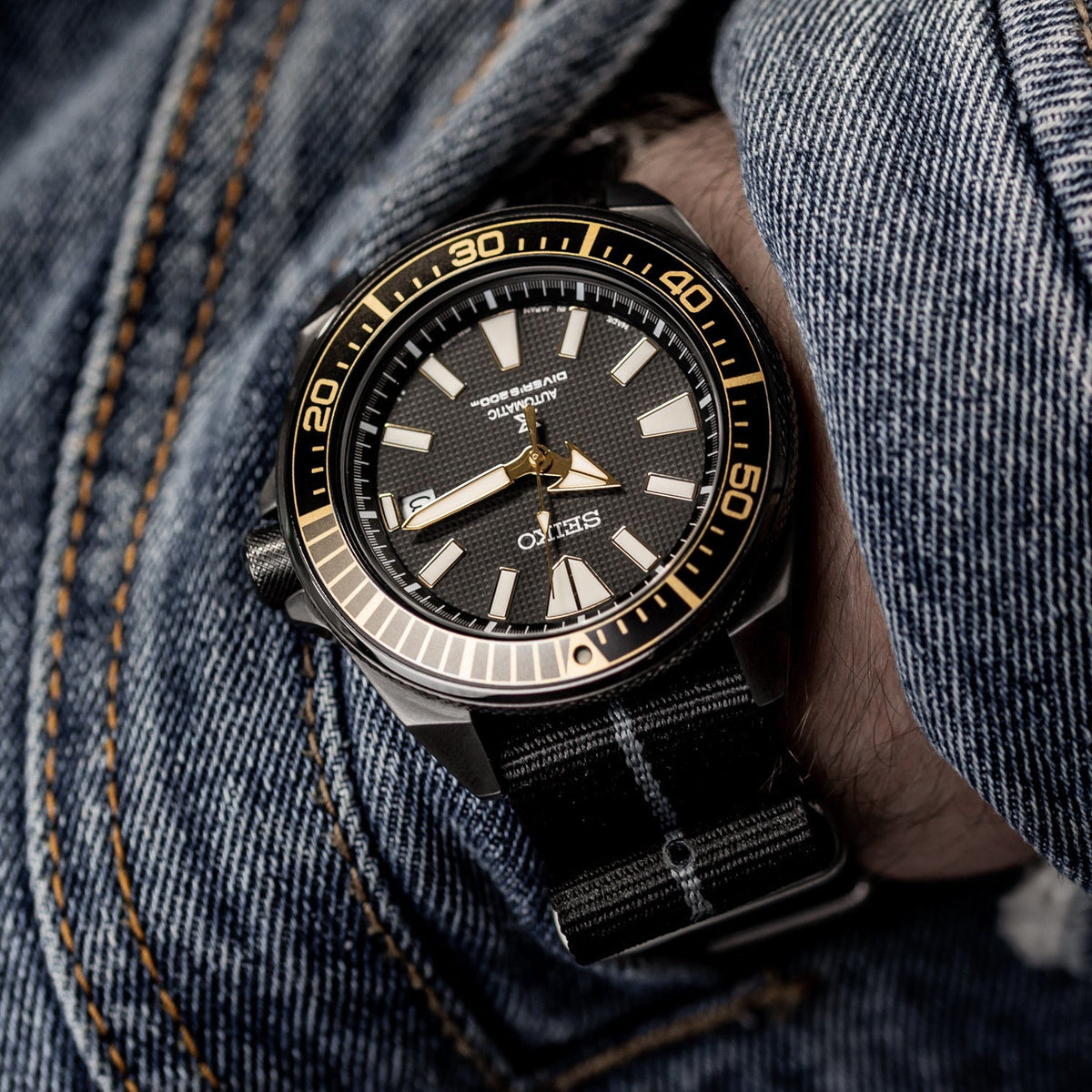 Marine National NATO Watch Strap, black with grey stripe, fitted to a Seiko Watch