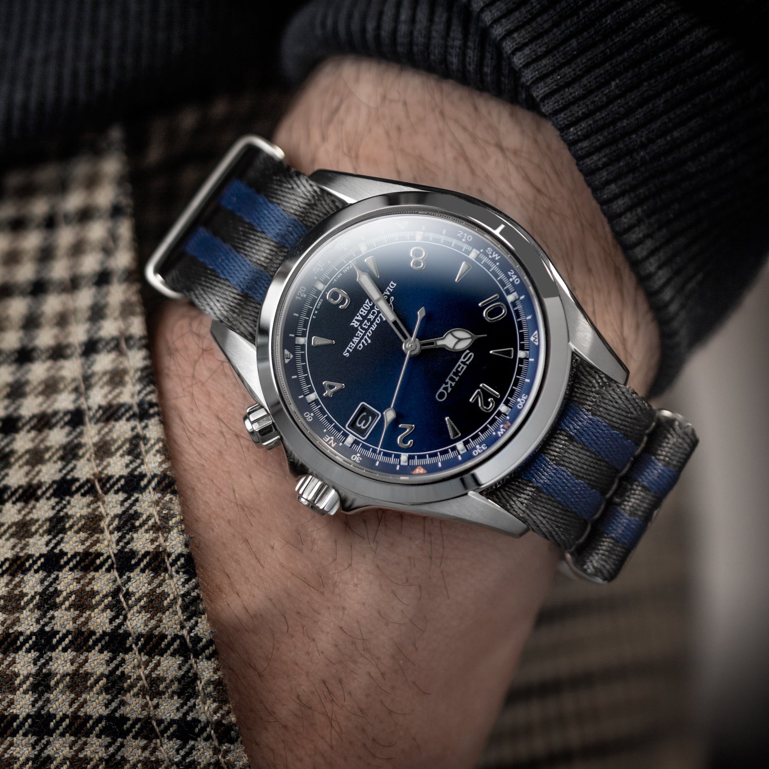 Omega style NATO Watch Straps, grey and blue stripe colours, white background image