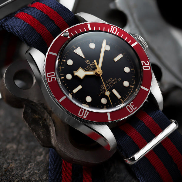1973 British Military Watch Strap ARMOURED Navy Blue Red Polished