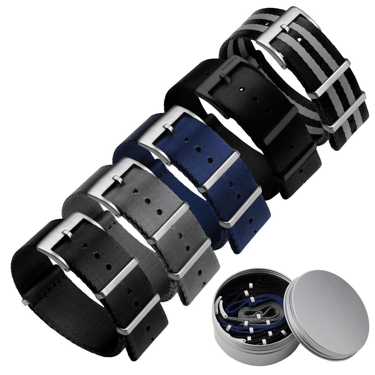 Set of 5 premium NATO watch straps supplied in a presentation tin.