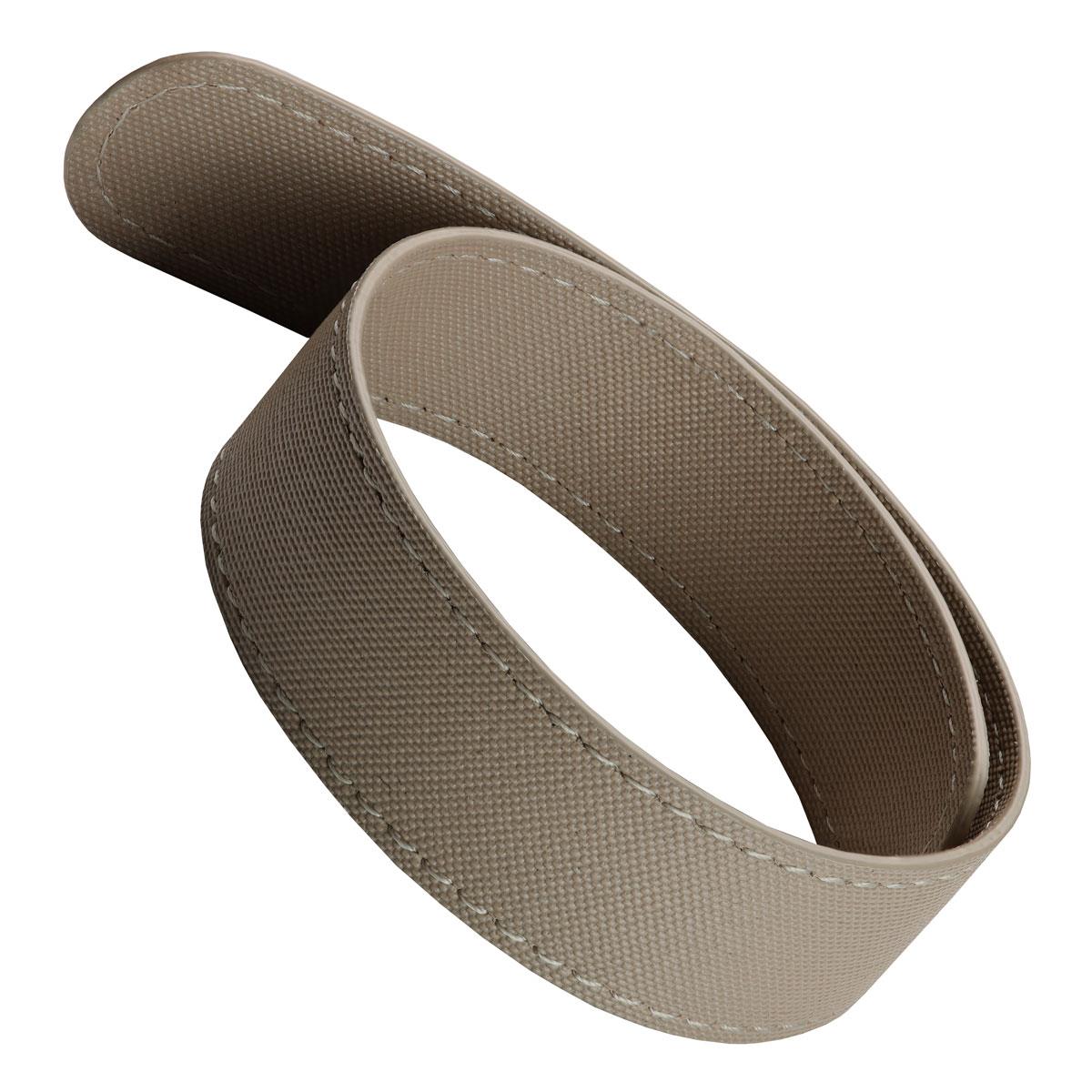 A single sailcloth watch strap in a warm taupe-brown color, coiled on a plain white background.