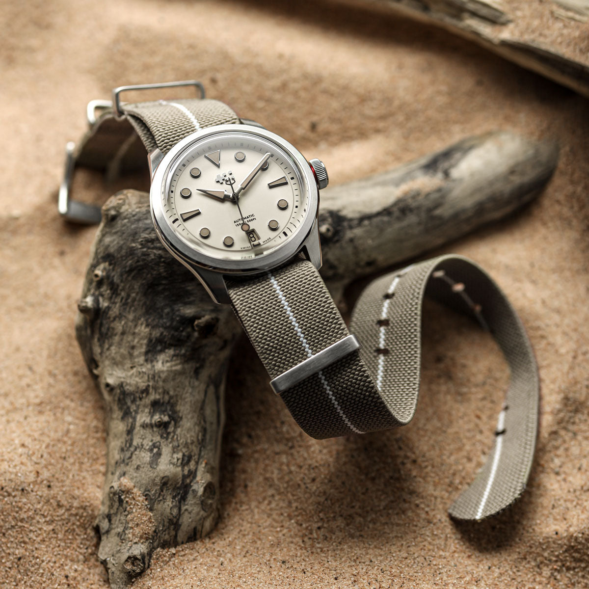 1973 British Military Watch Strap: AIRBORNE Elastic - Desert Sand / White