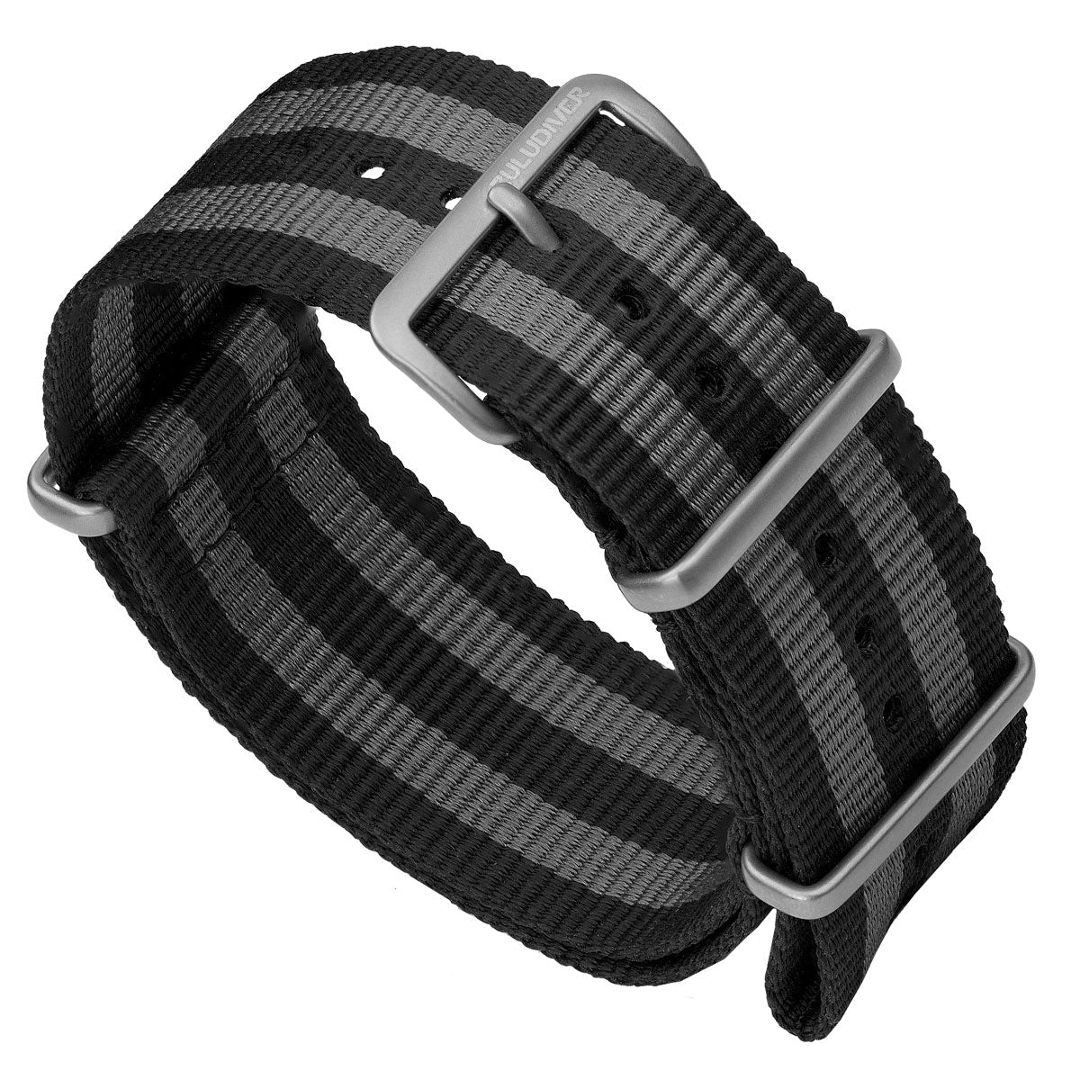 ZULULDIVER classic James Bond NATO watch strap black and grey stripe, satin hardware, white background shot