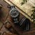 Premium NATO watch straps, black and grey striped seat belt nylon material, with satin hardware, white background image