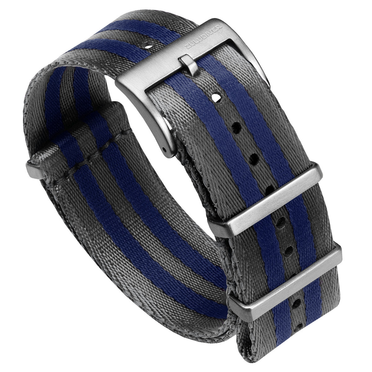 Premium NATO watch straps, grey and blue striped seat belt nylon material, with satin hardware, white background image