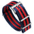 Premium NATO watch straps, blue and red striped seat belt nylon material, with satin hardware, white background image