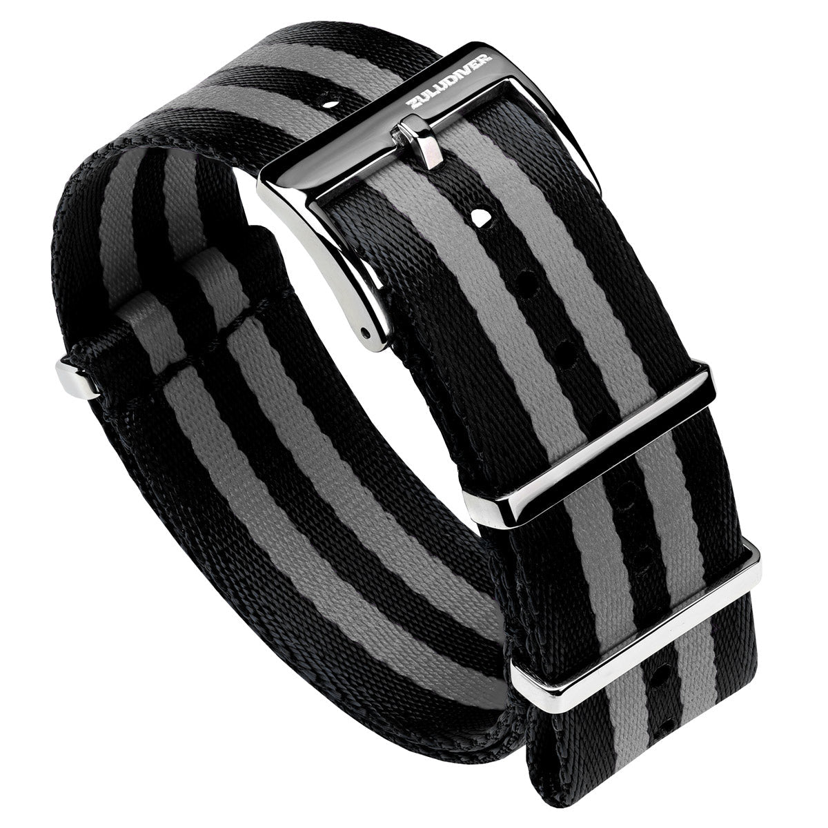 Classic Bond Premium NATO watch straps, seat belt nylon material, Black/Grey stripe white background image