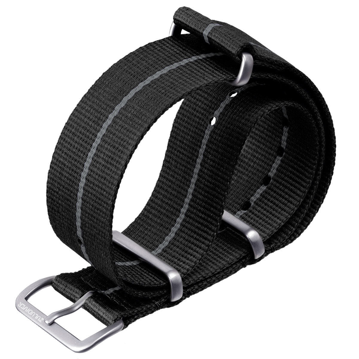 Marine National NATO Watch Strap, black with grey stripe, white background image