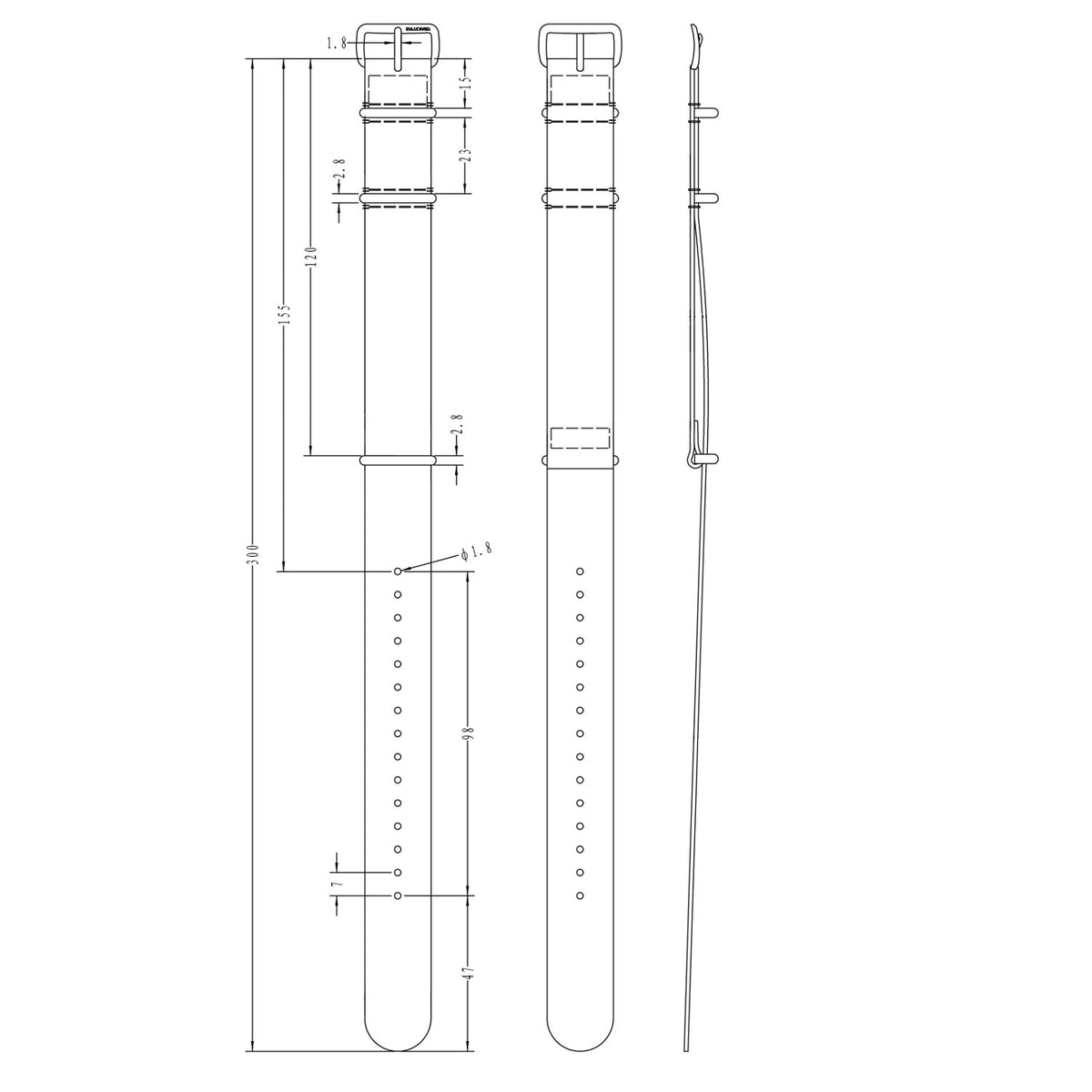 Technical drawing of a NATO watch strap, including sizes
