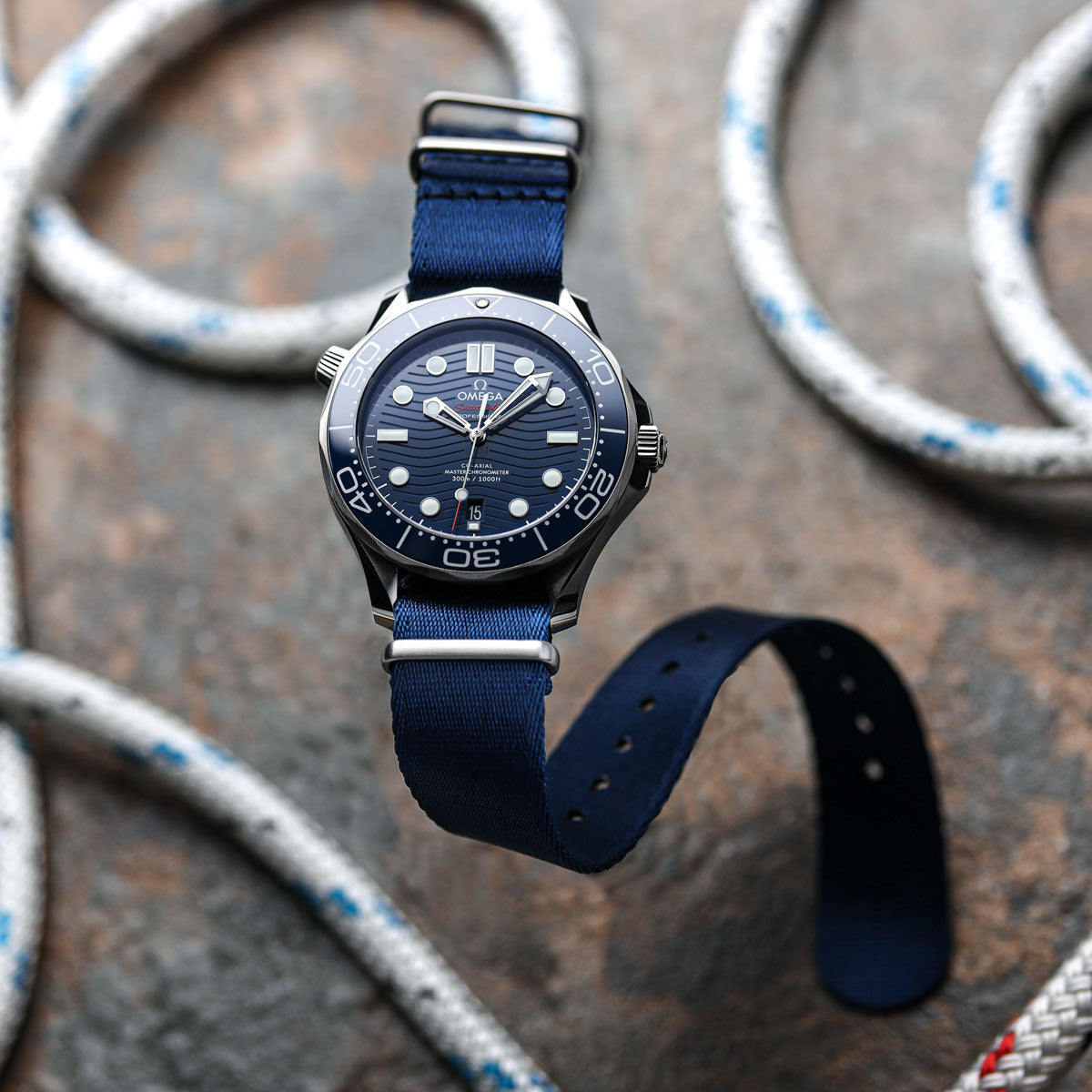 Omega style NATO Watch Straps, nylon seat belt, blue colours, white background image