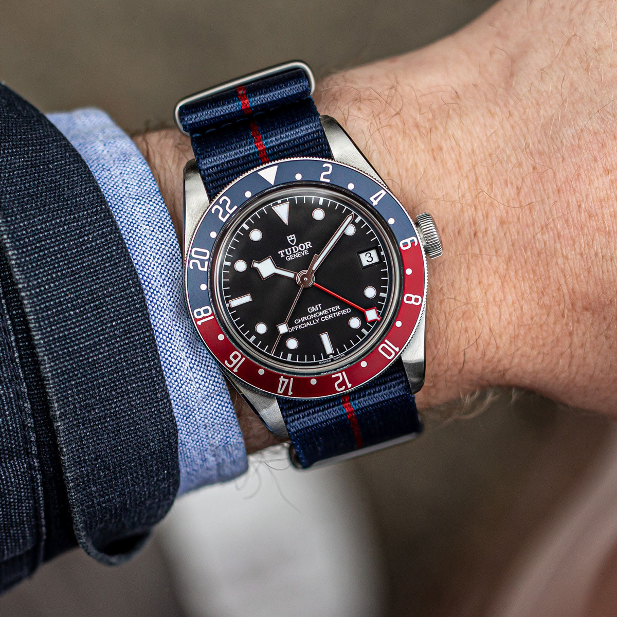 1973 British Military Watch Strap: CADET Marine Nationale - Blue, Red Stripe