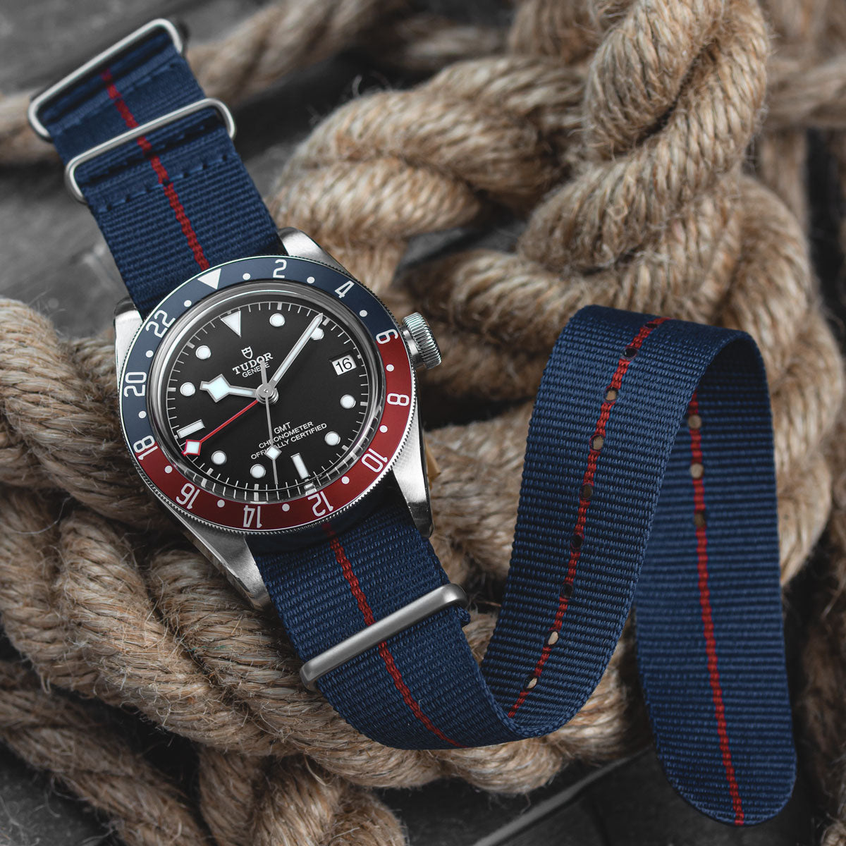 Marine National NATO Watch Straps, blue with red stripe, fitted to a Tudor Watch