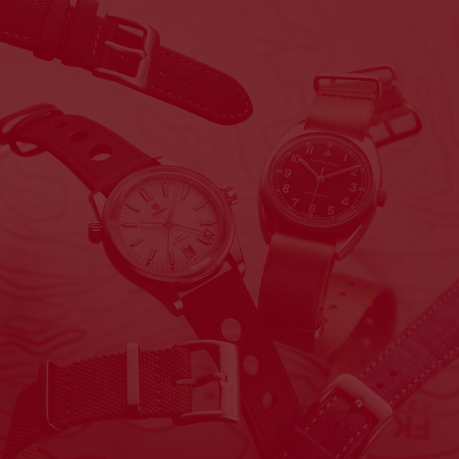 Traska Watch and Hamilton watch floating around with mutiple watch straps with a red overlay filter