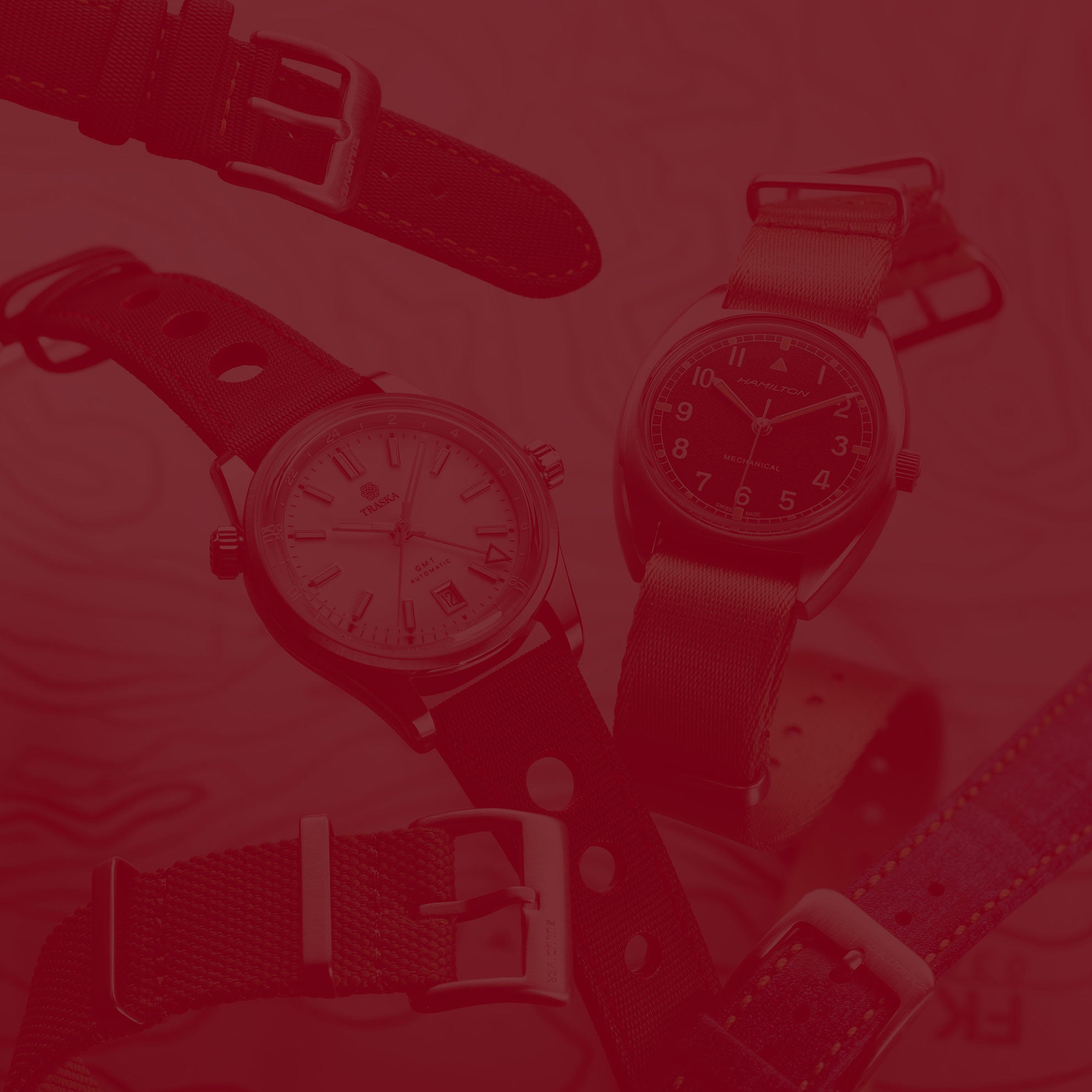 Traska Watch and Hamilton watch floating around with mutiple watch straps with a red overlay filter