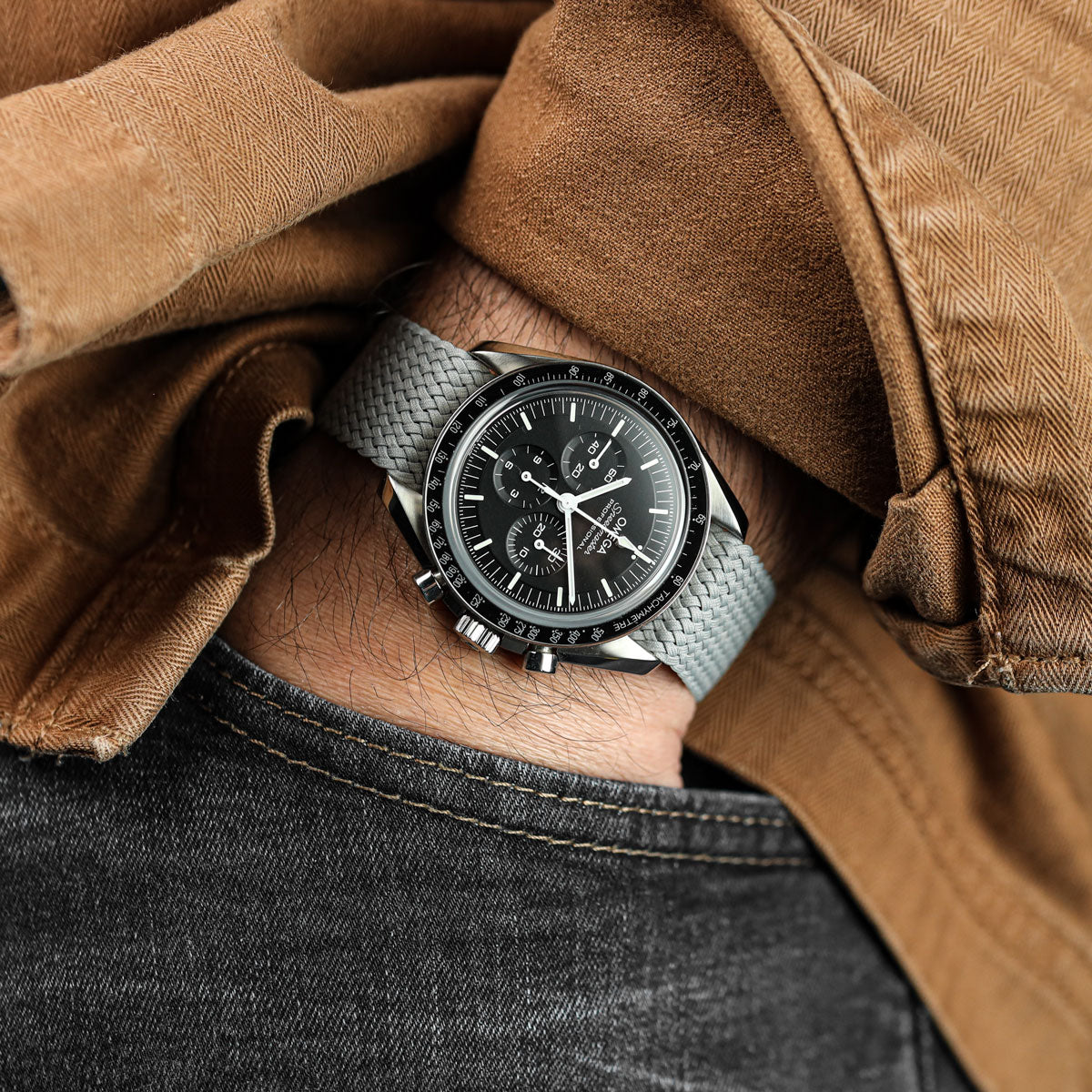 ADDITIONAL - Perlon Nylon OctoPod Watch Strap - Slate Grey on Omega Speedmaster