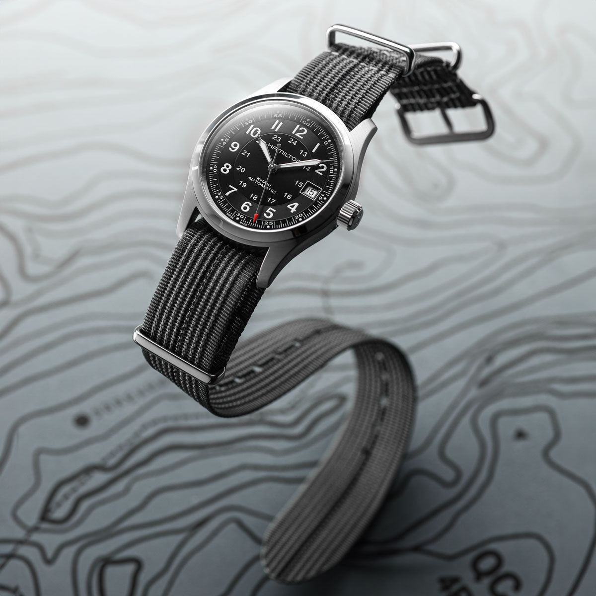 Hamilton watch fitted to a ZULUDIVER Grey with black strip HydraRib nylon military watch strap