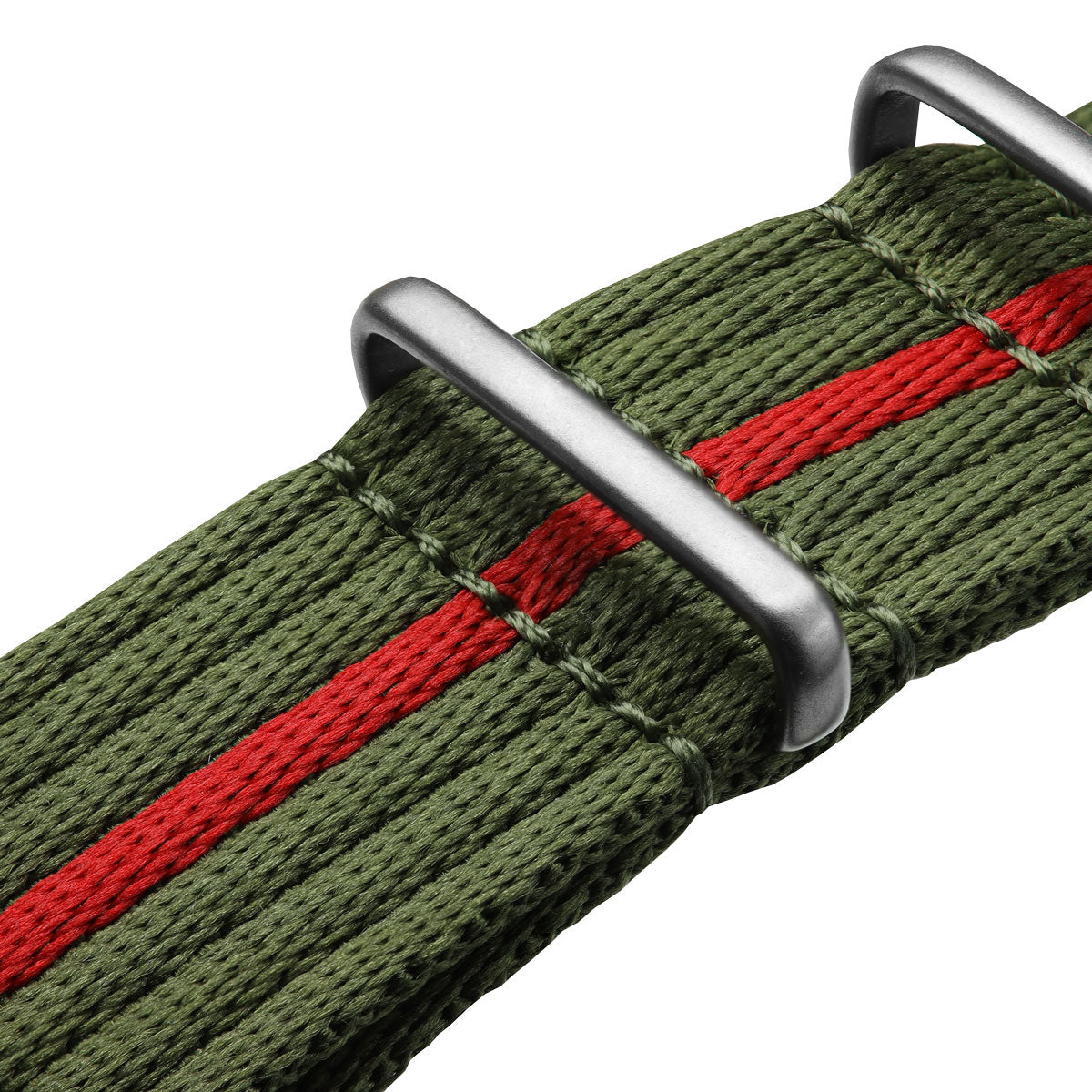 Green watch strap with red stitching and silver buckle on a white background