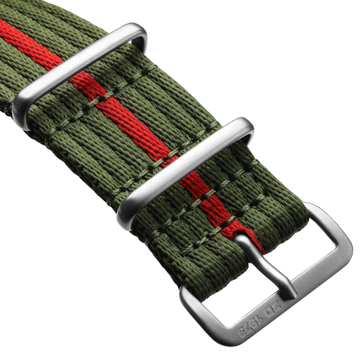 Green and red striped watch strap with silver metal buckles on a white background