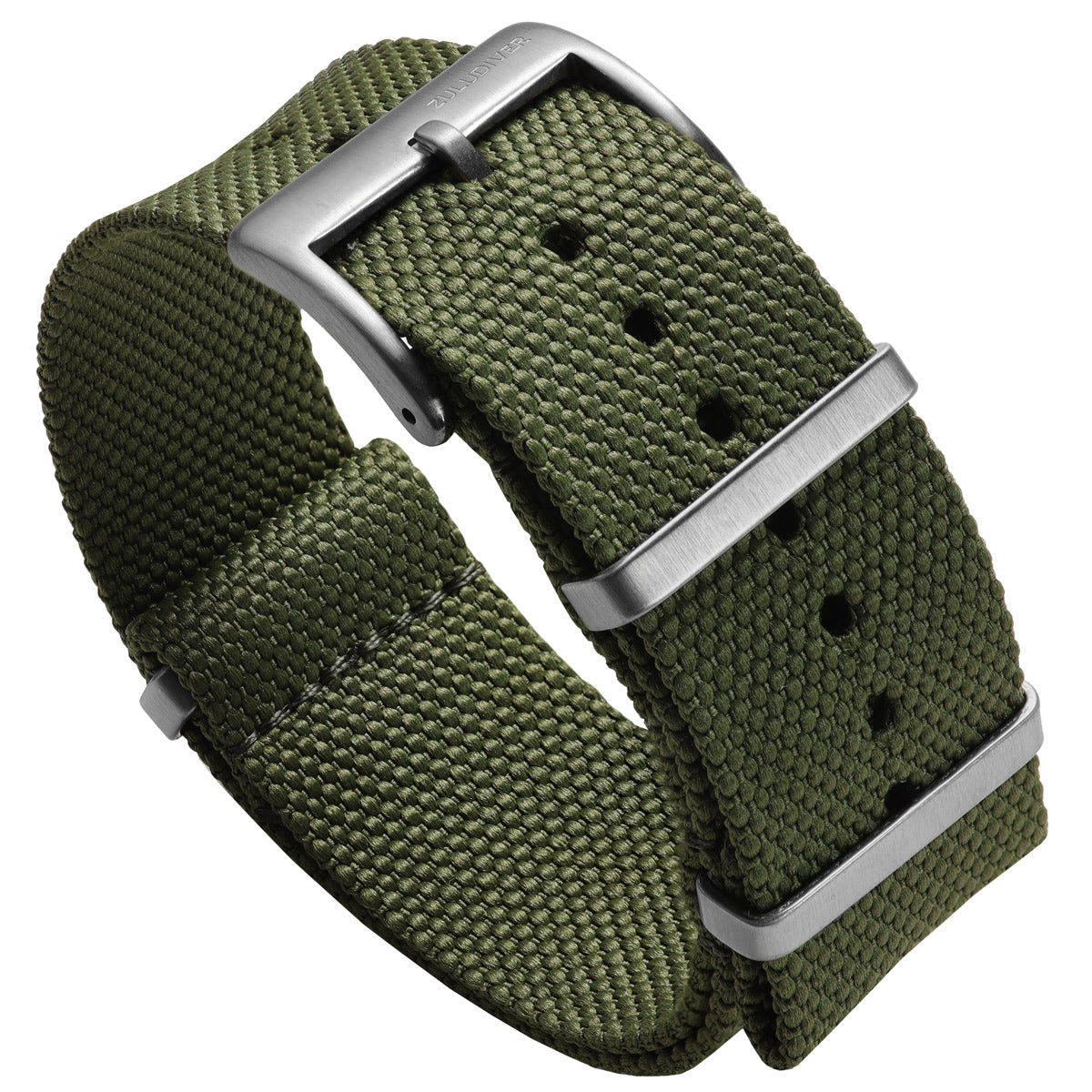 Green woven canvas NATO watch strap with stainless steel fittings