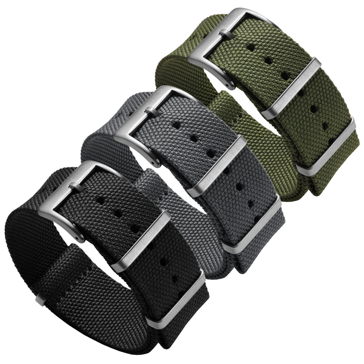Black, grey and green woven canvas NATO watch strap with stainless steel fittings