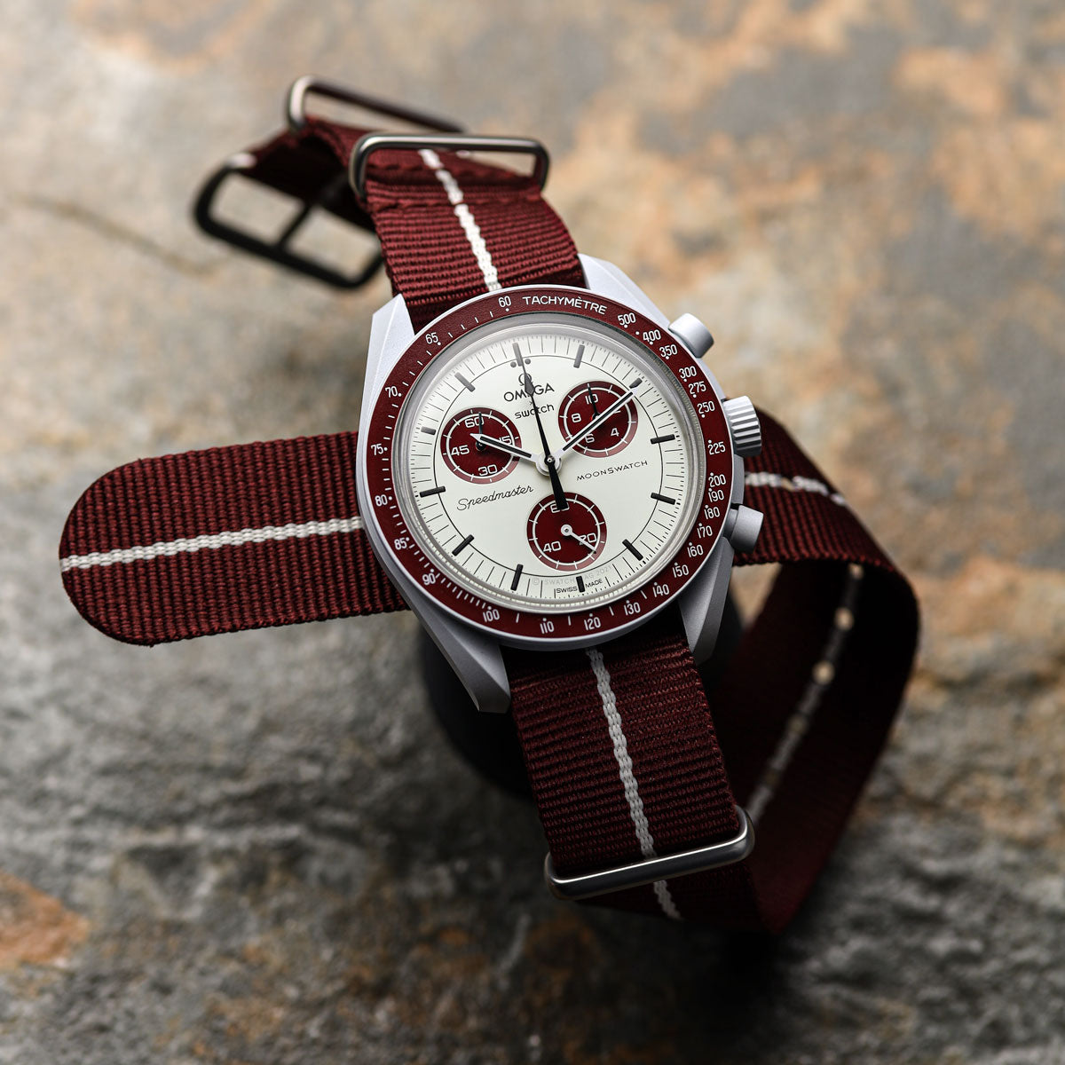 1973 British Military Watch Strap: CADET Marine Nationale Burgundy, White Stripe