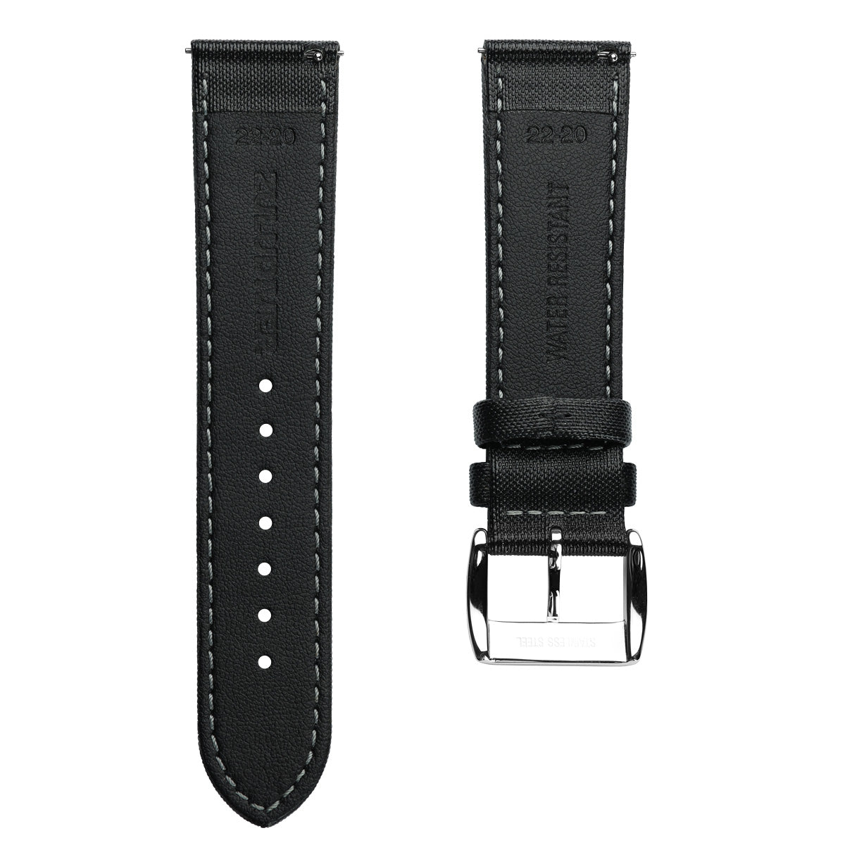 Black Maverick sailcloth watch strap with silver buckle on a white background