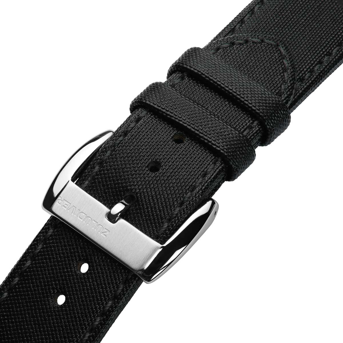 Black Maverick watch strap with silver buckle on a white background