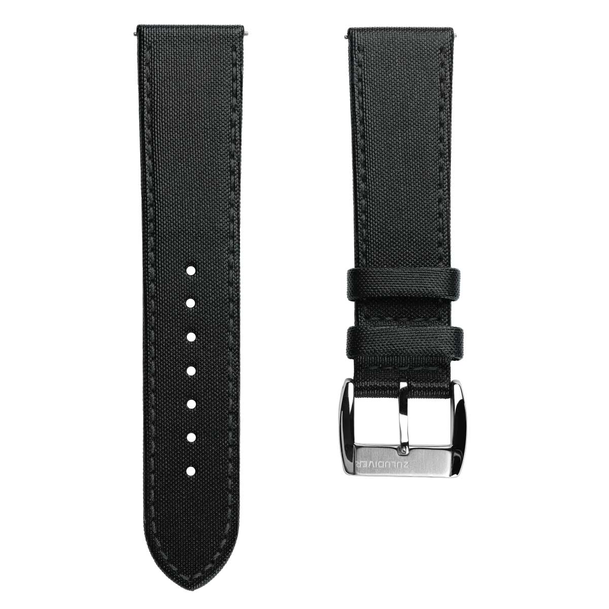 Black Maverick sailcloth watch strap with silver buckle on a white background
