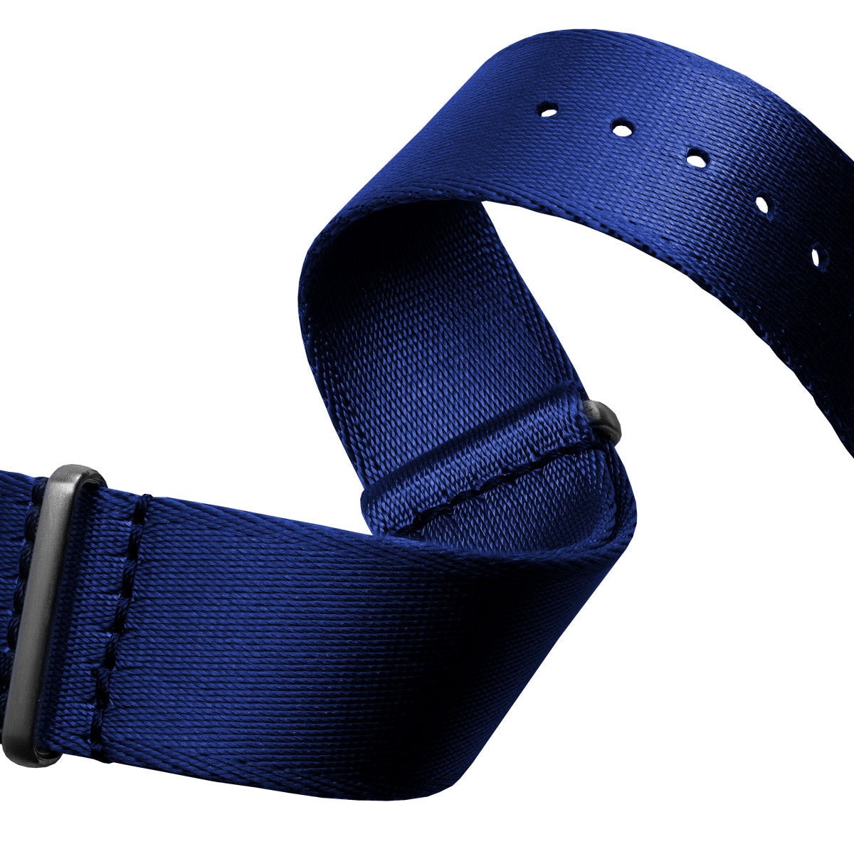 Macro shot of Omega style NATO Watch Straps, nylon seat belt, blue colours, white background image