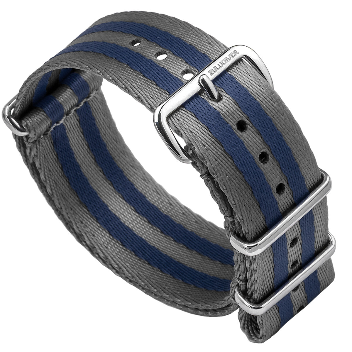 Omega style NATO Watch Straps, grey and blue stripe colours, white background image