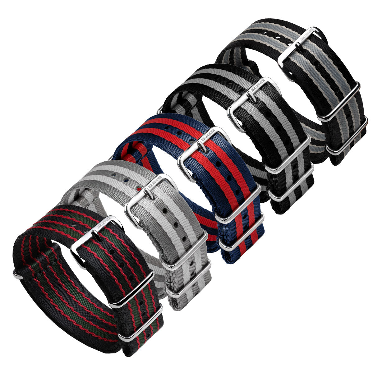 Group of ZULUDIVER professional NATO watch straps, striped colours,white backgroup image