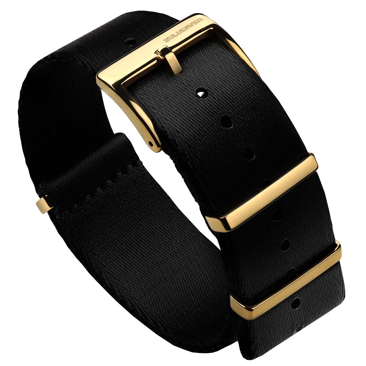 Premium Black NATO watch straps, seat belt nylon material, with IP PVD Gold hardware, white background image