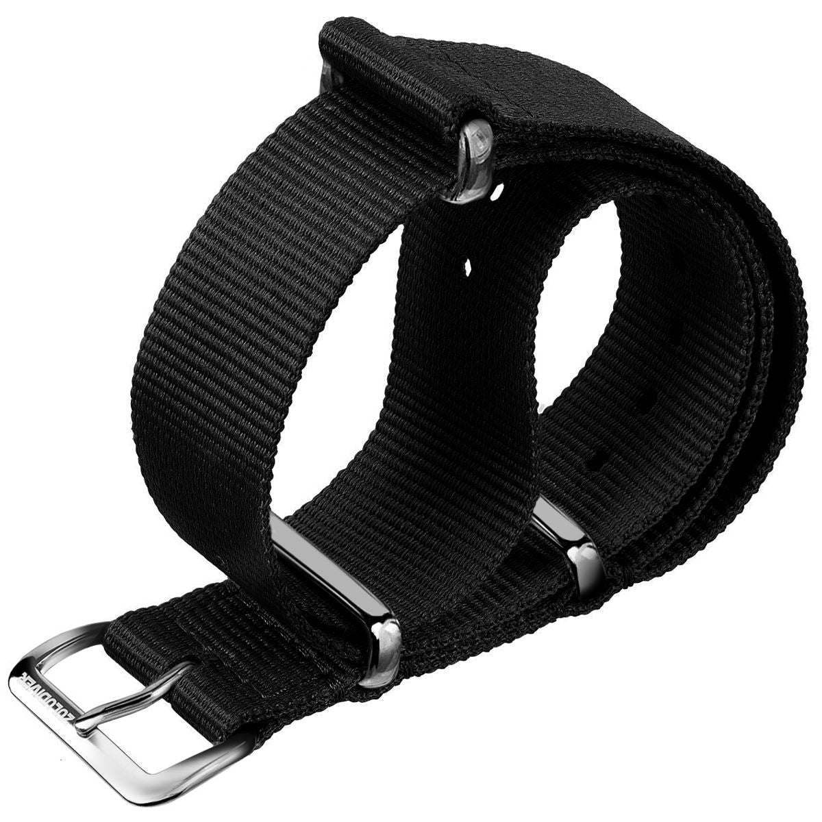 Nylon NATO watch strap, colour black, with stainless steel polished hardware