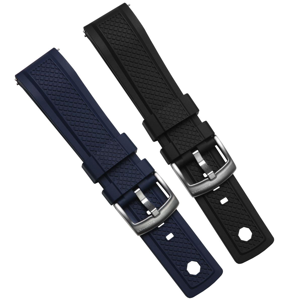 ZULUDIVER Hartland FKM rubber watch strap, black and blue, white background image