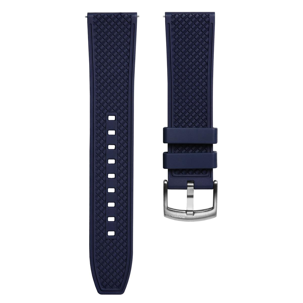 White background image of a blue FKM rubber watch strap