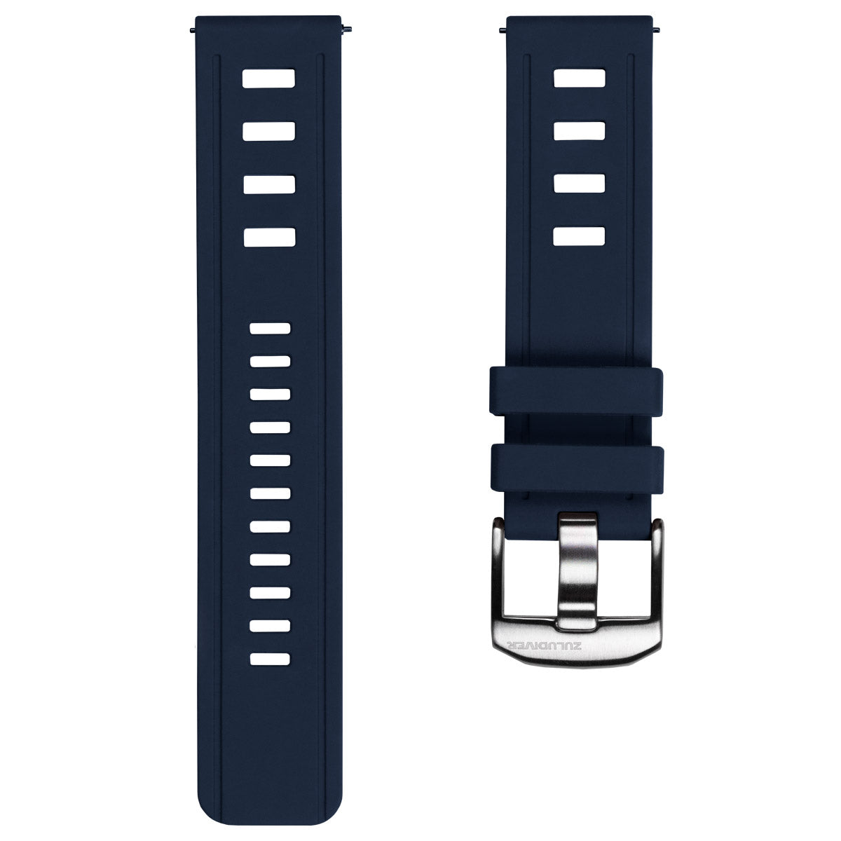 Blue silicon rubber watch strap with quick release spring bars and silver brush finished buckle