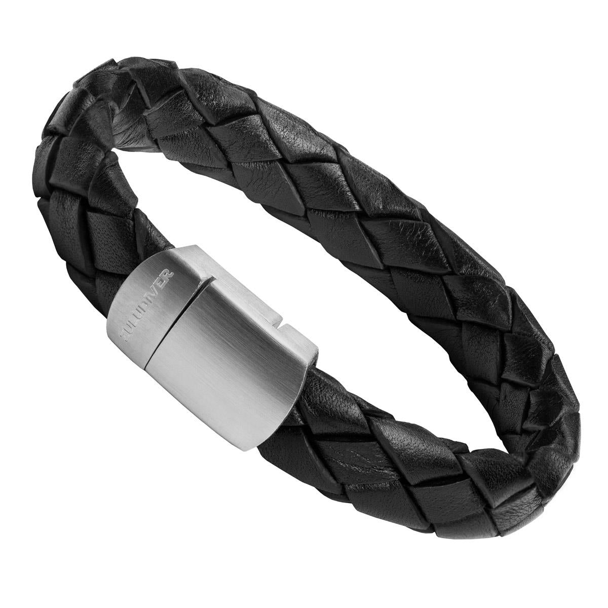 Black braided leather bracelet, with magnetic catch